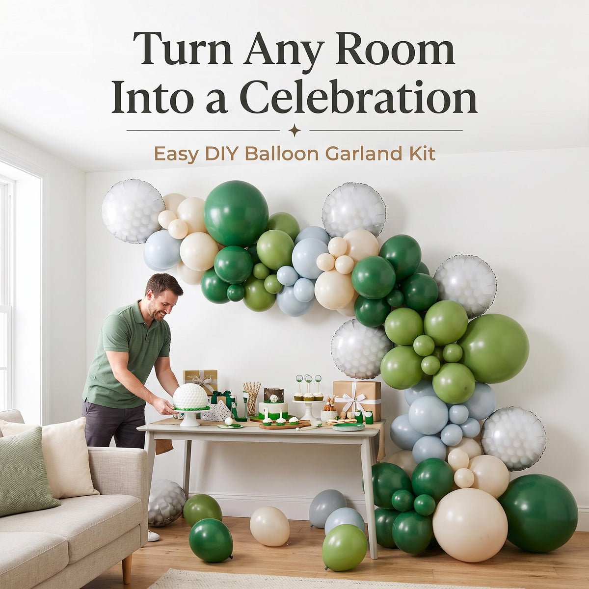 Hole In One (Golf) balloon garland party setup