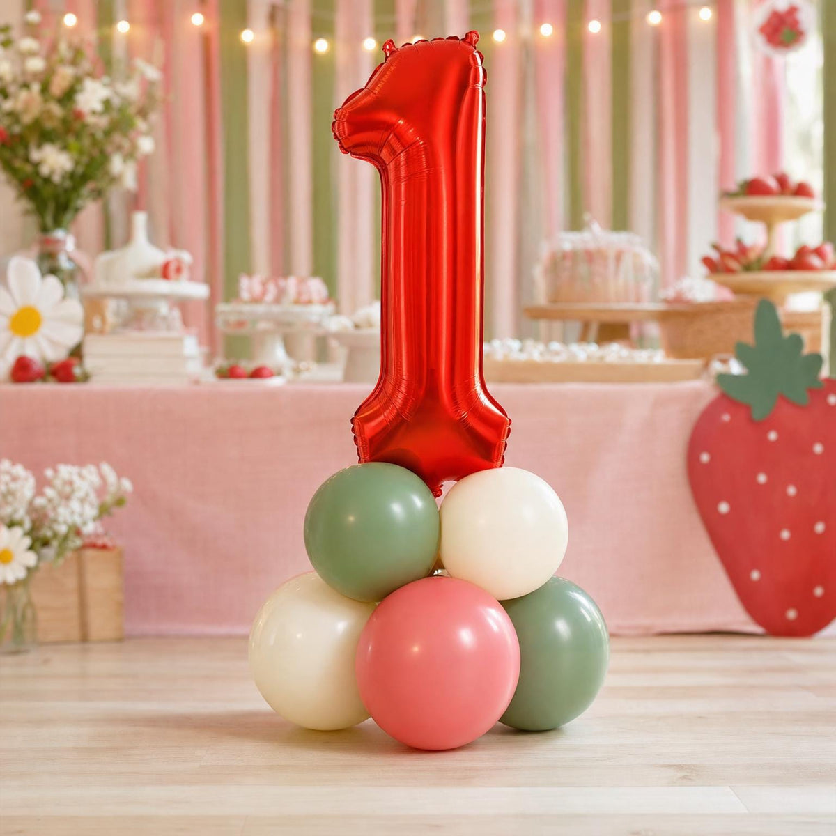 Berry First Birthday balloon tower: 8 latex balloons topped with a Strawberry foil