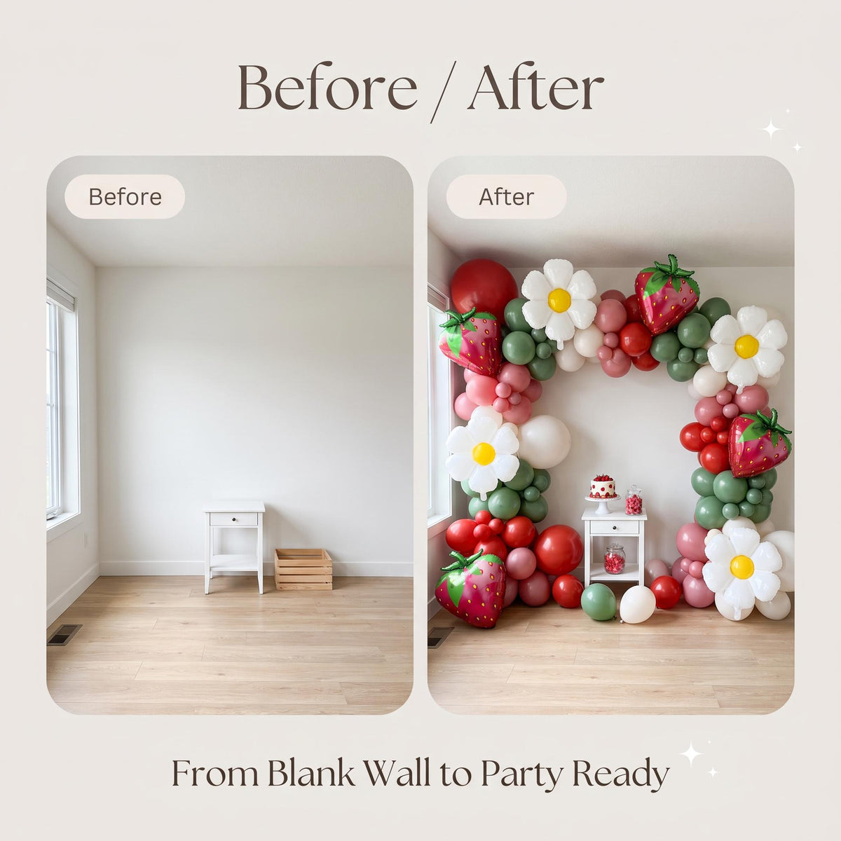 Before and after: a blank wall and the same wall with the Berry First Birthday balloon garland