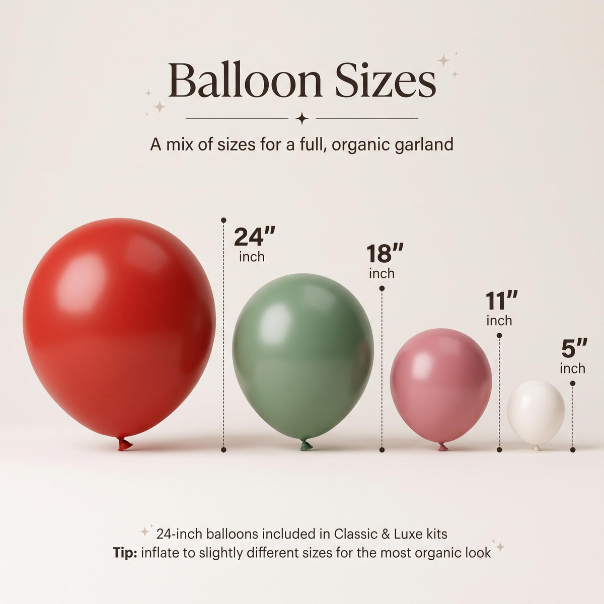 24, 18, 11 and 5 inch balloons in the Berry First Birthday kit colors