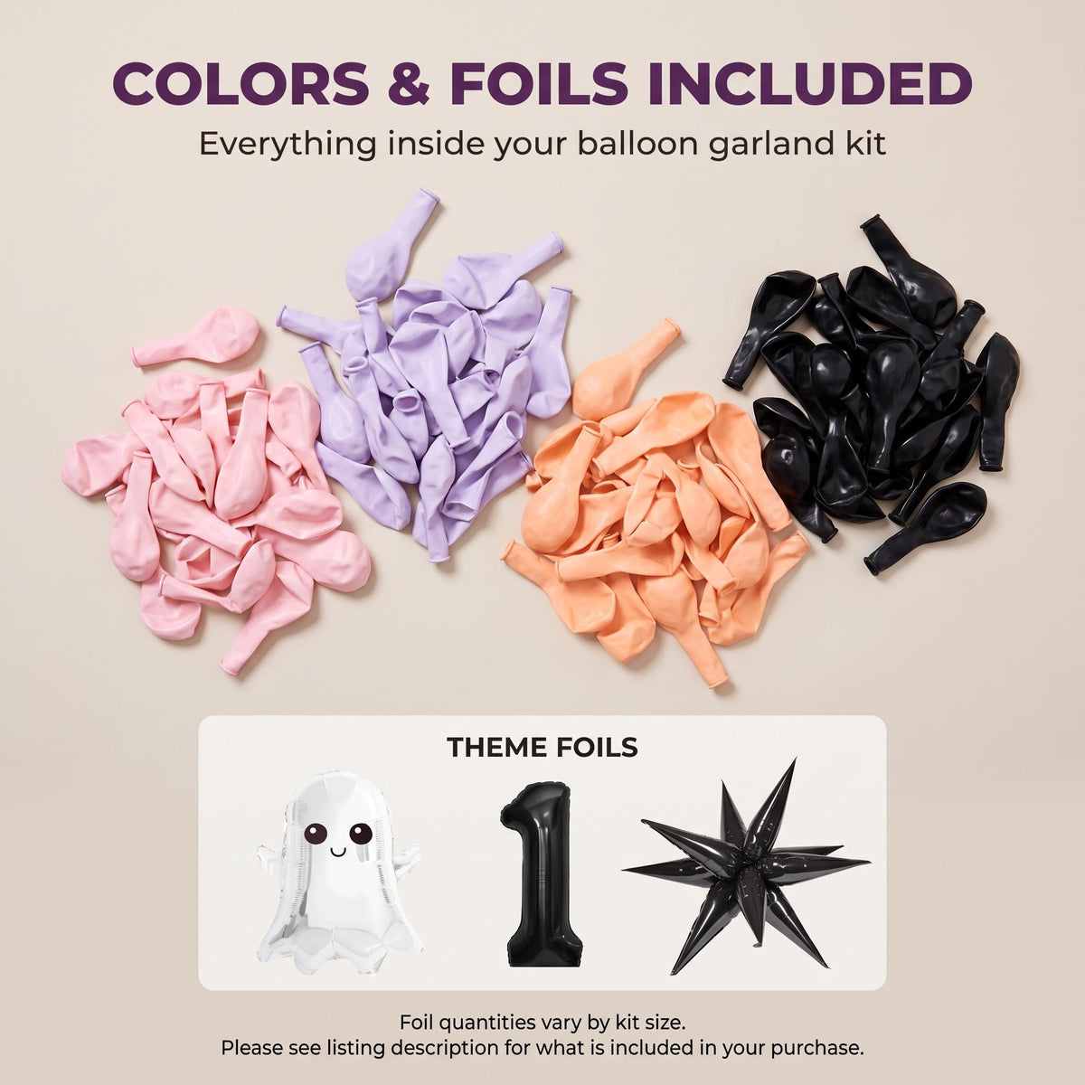 Latex colors and foil balloons included in the Spooky One balloon garland kit