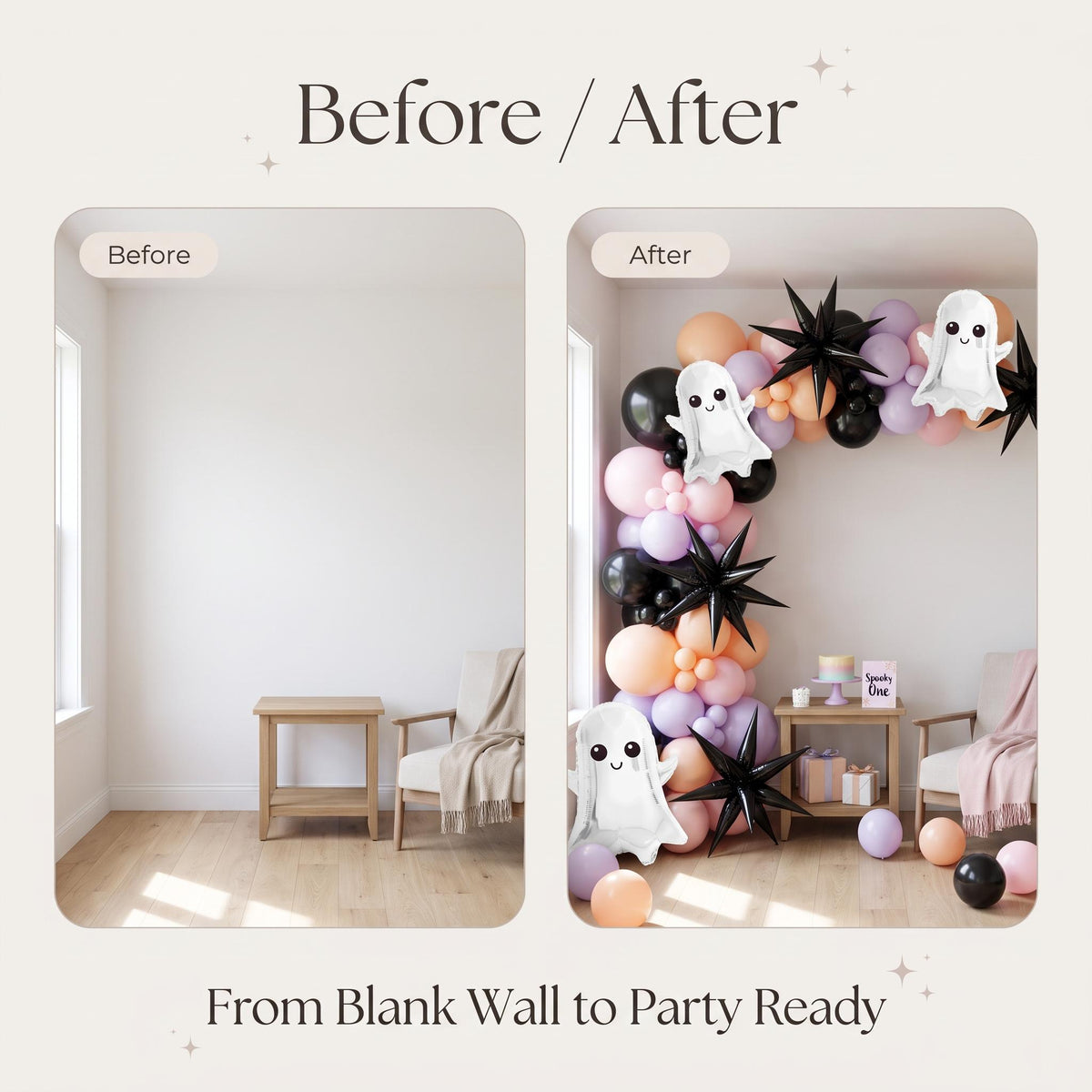Before and after: a blank wall and the same wall with the Spooky One balloon garland