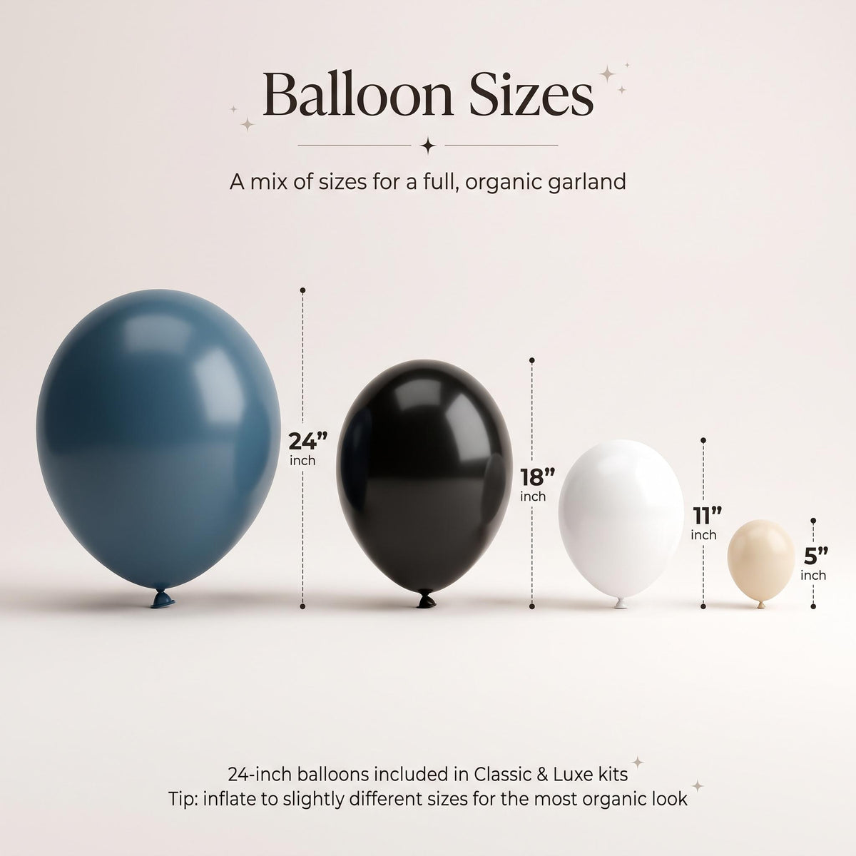 24, 18, 11 and 5 inch balloons in the One Happy Dude (Blue Slate) kit colors