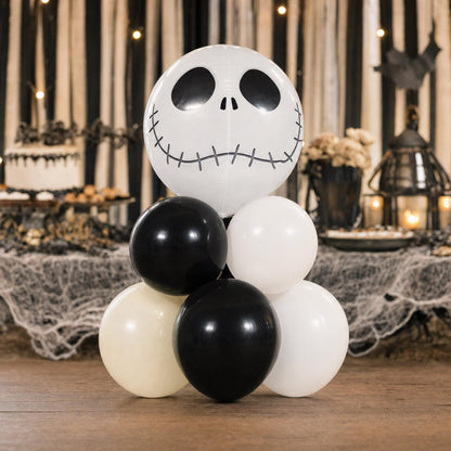 Skeleton Halloween balloon tower: 8 latex balloons topped with a Skeleton Head Orb foil