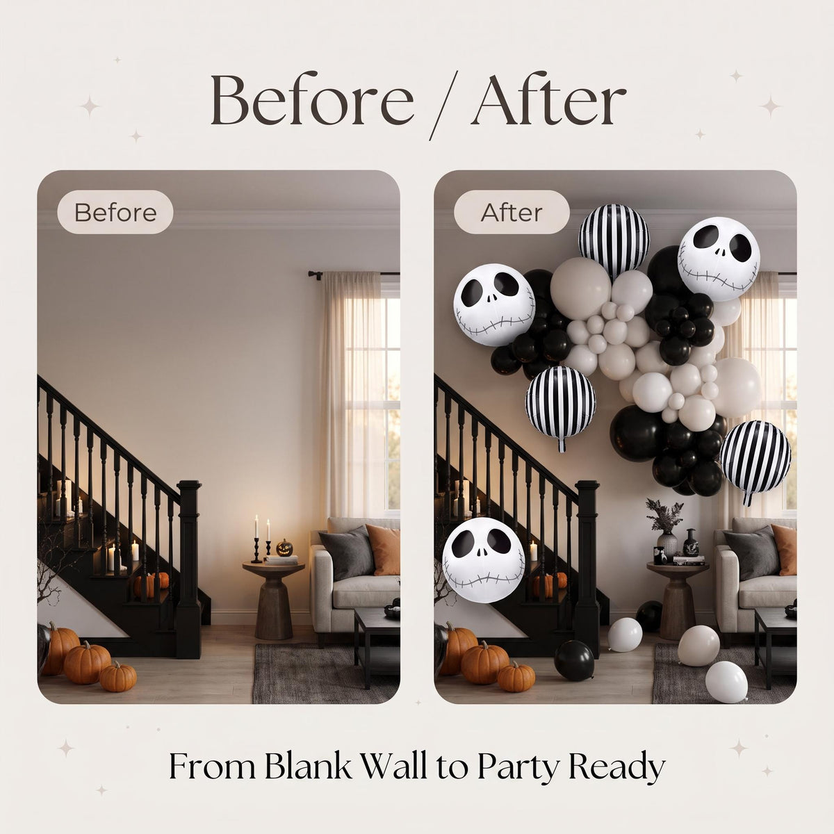 Before and after: a blank wall and the same wall with the Skeleton Halloween balloon garland