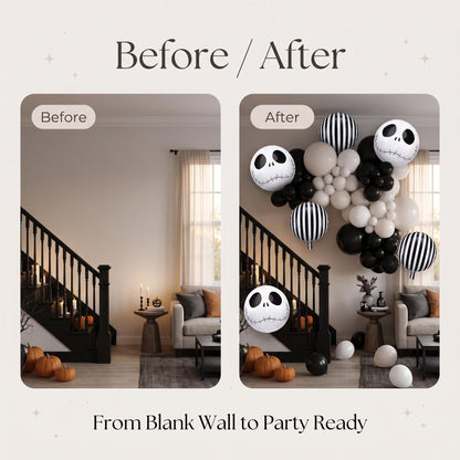 Before and after: a blank wall and the same wall with the Skeleton Halloween balloon garland