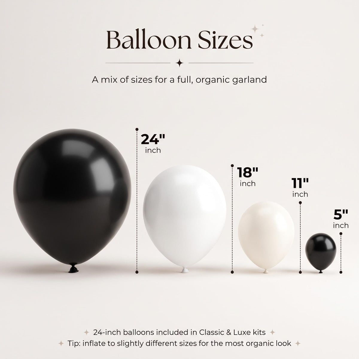 24, 18, 11 and 5 inch balloons in the Skeleton Halloween kit colors