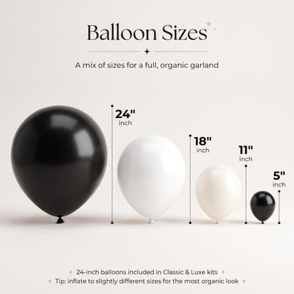 24, 18, 11 and 5 inch balloons in the Skeleton Halloween kit colors