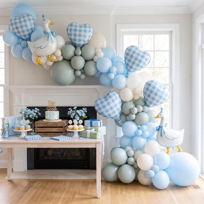 One Silly Goose (Blue) balloon garland installed on a wall at home