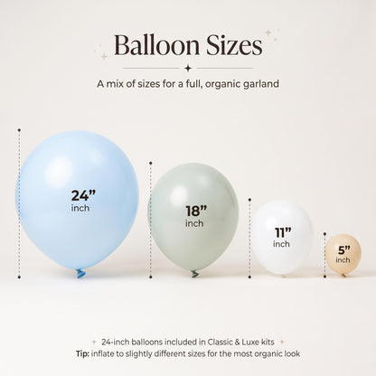 24, 18, 11 and 5 inch balloons in the One Silly Goose (Blue) kit colors