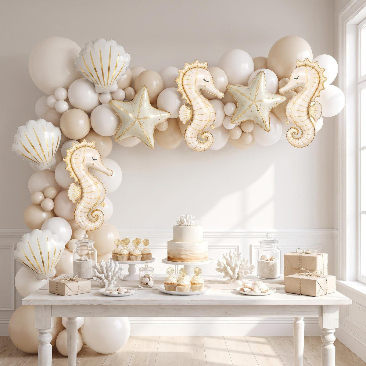 Sea You Soon (Neutral) balloon garland installed on a wall at home