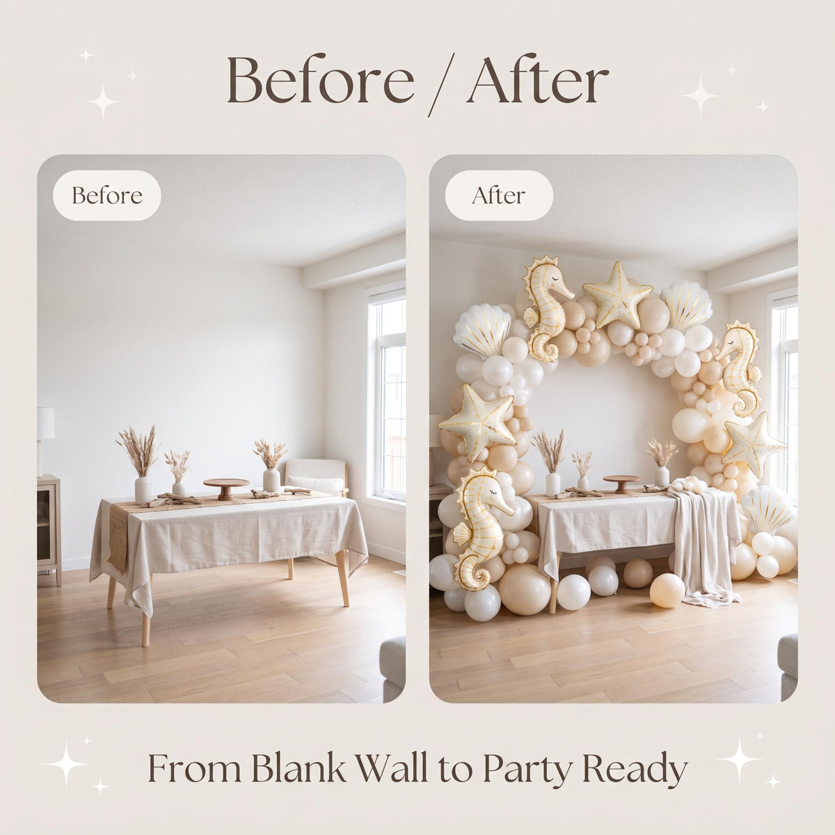 Before and after: a blank wall and the same wall with the Sea You Soon (Neutral) balloon garland