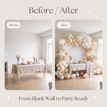 Before and after: a blank wall and the same wall with the Sea You Soon (Neutral) balloon garland