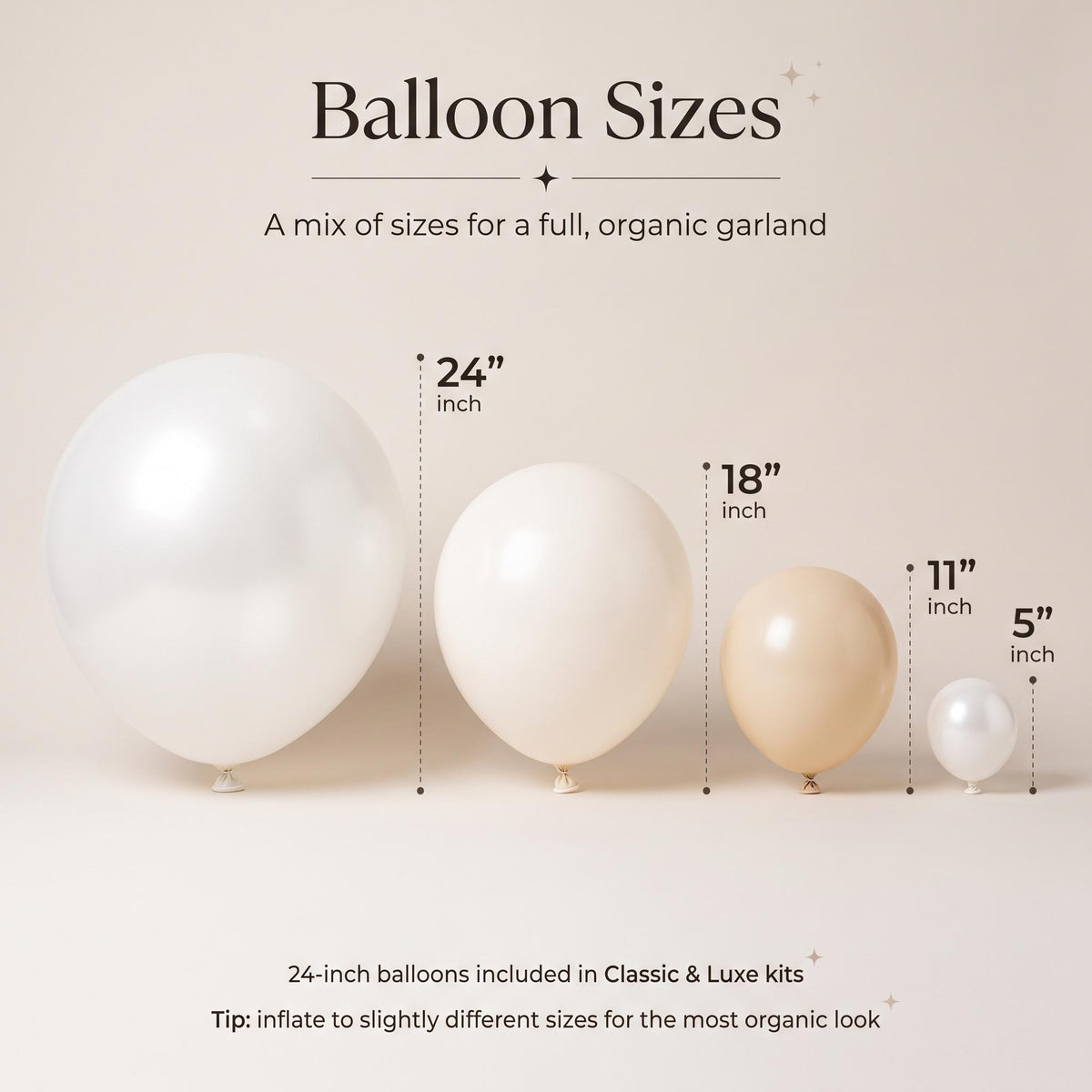 24, 18, 11 and 5 inch balloons in the Sea You Soon (Neutral) kit colors