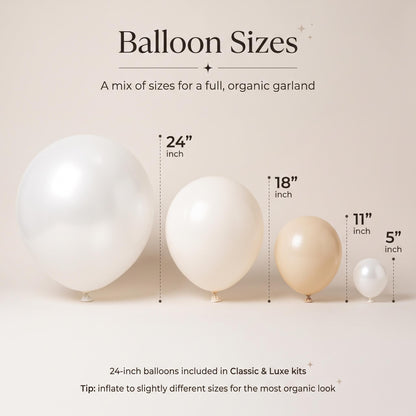 24, 18, 11 and 5 inch balloons in the Sea You Soon (Neutral) kit colors