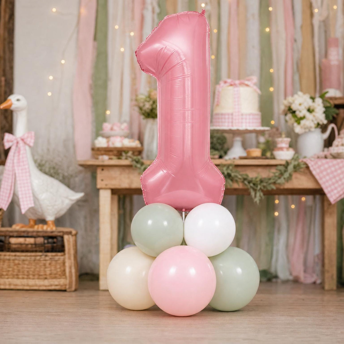 One Silly Goose (Pink) balloon tower: 8 latex balloons topped with a Pink Goose foil