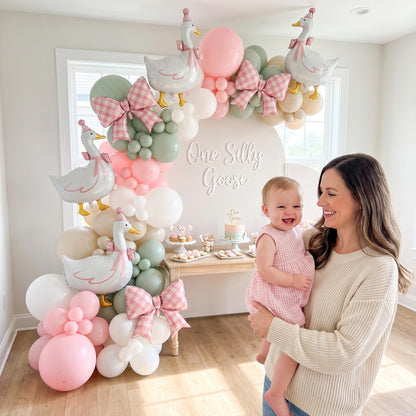 One Silly Goose (Pink) balloon garland styled at a party