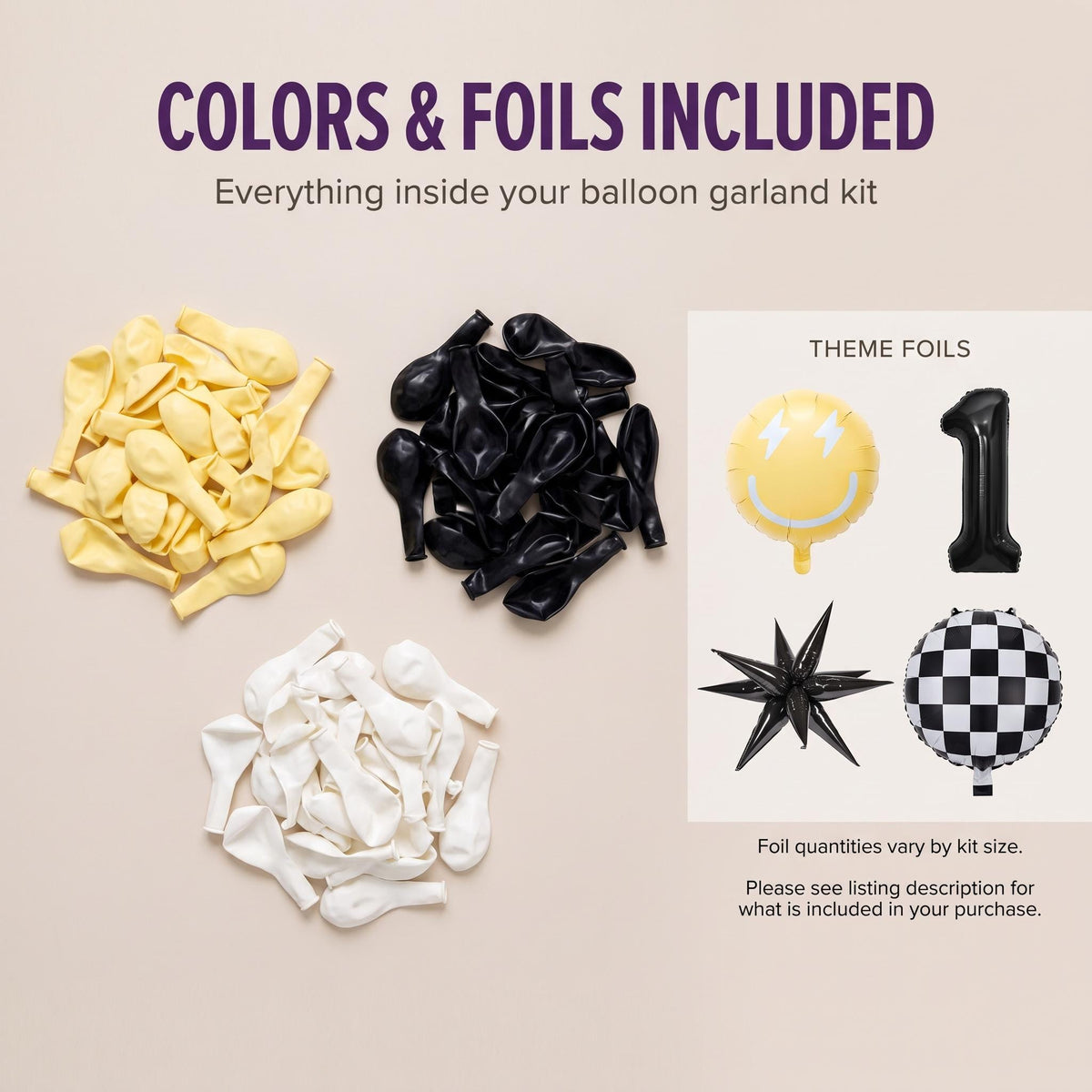 Latex colors and foil balloons included in the One Happy Dude (Yellow) balloon garland kit