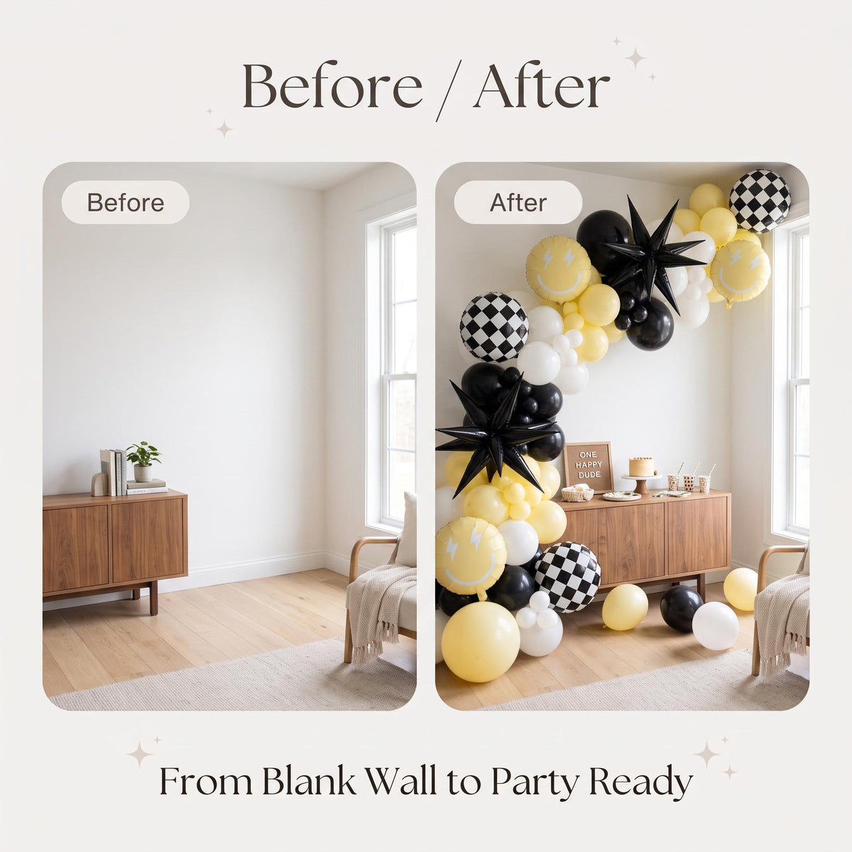 Before and after: a blank wall and the same wall with the One Happy Dude (Yellow) balloon garland