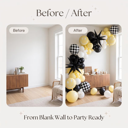 Before and after: a blank wall and the same wall with the One Happy Dude (Yellow) balloon garland