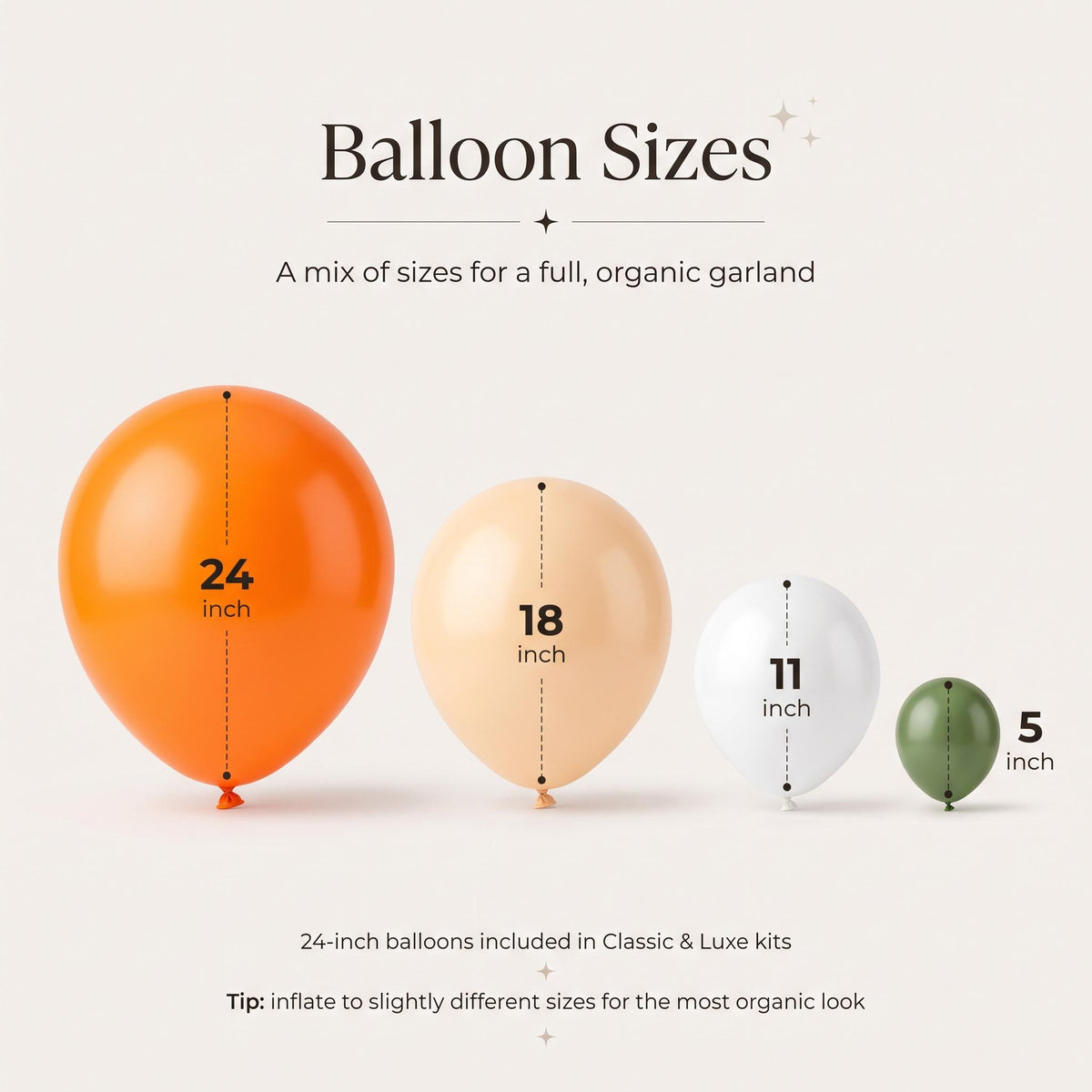 24, 18, 11 and 5 inch balloons in the A Little Cutie On The Way kit colors