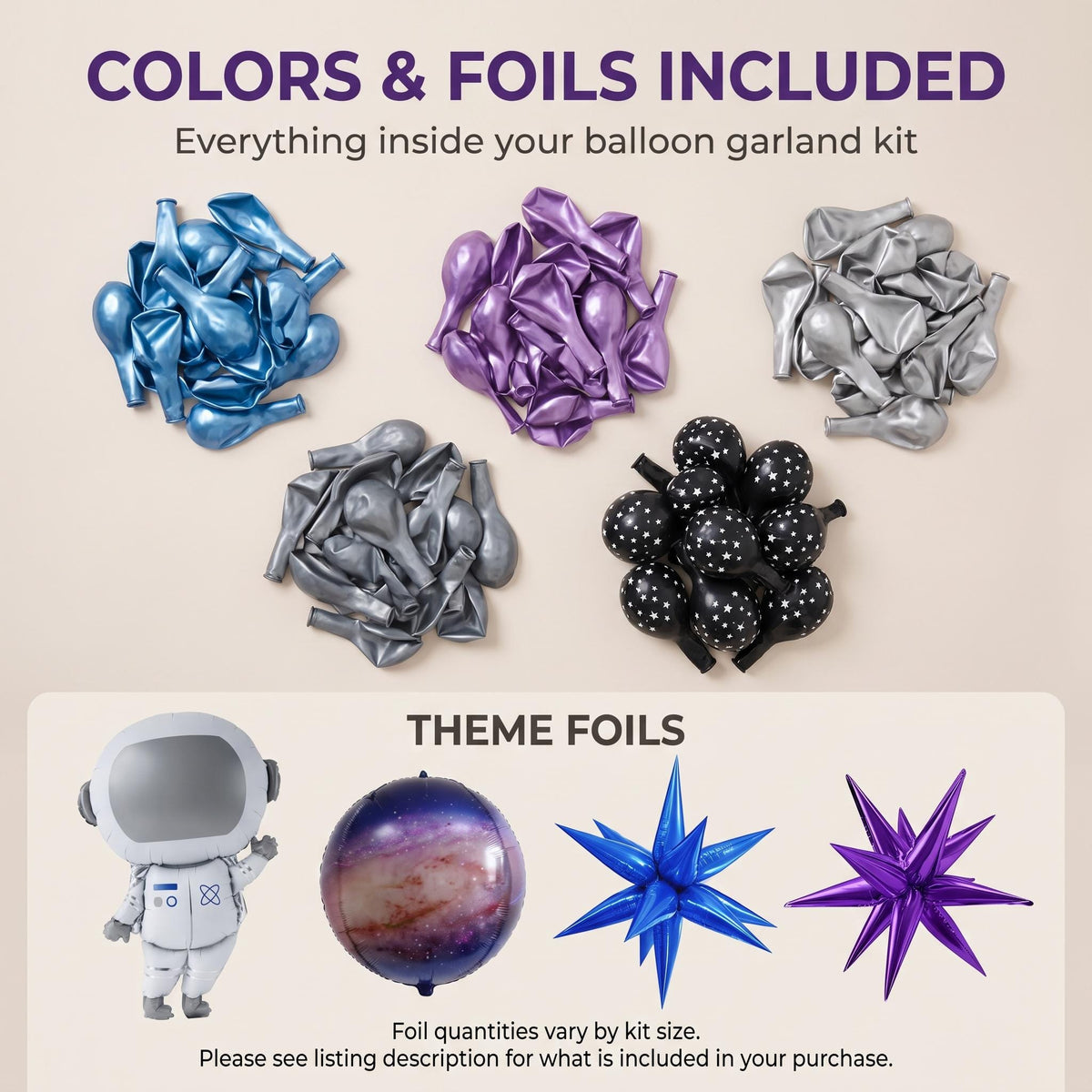 Latex colors and foil balloons included in the Out Of This World balloon garland kit