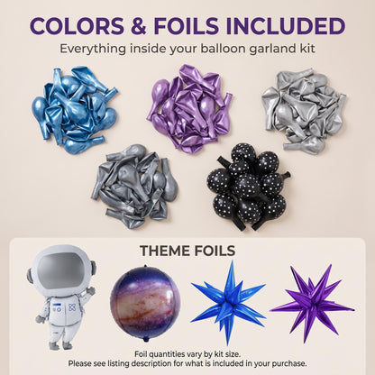 Latex colors and foil balloons included in the Out Of This World balloon garland kit