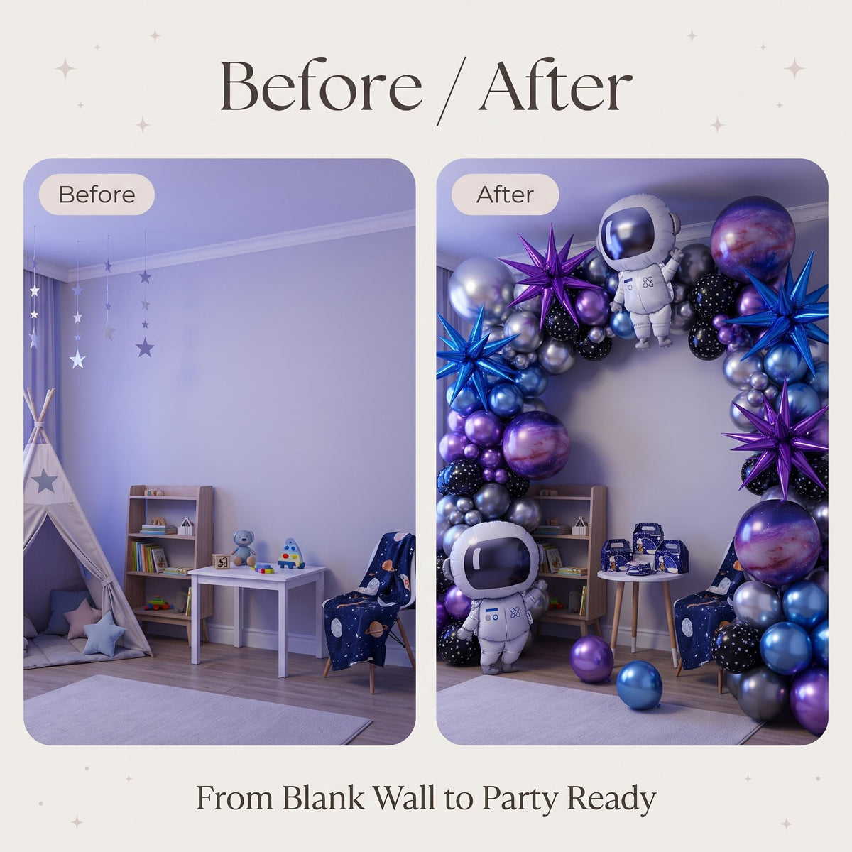 Before and after: a blank wall and the same wall with the Out Of This World balloon garland
