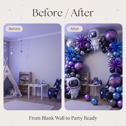 Before and after: a blank wall and the same wall with the Out Of This World balloon garland