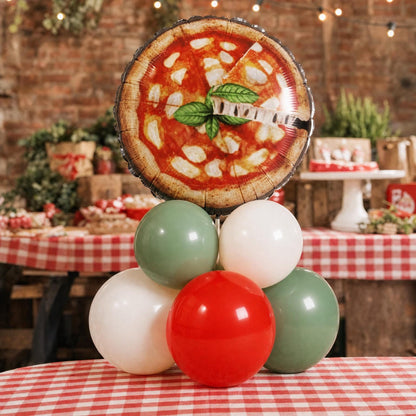 Little Meatball (Special Delivery Pizza) balloon tower: 8 latex balloons topped with a Pizza foil