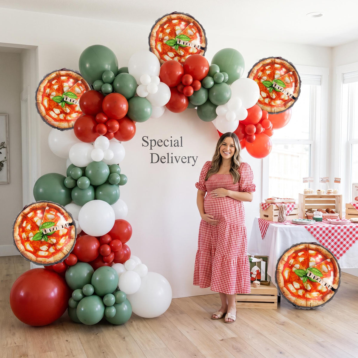 Little Meatball (Special Delivery Pizza) balloon garland styled at a party