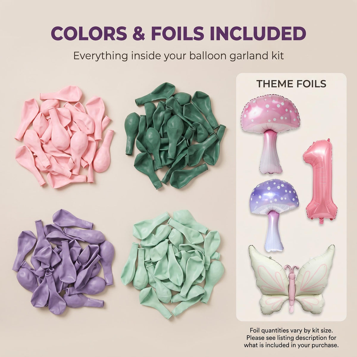 Latex colors and foil balloons included in the Fairy First Birthday (Wildflower) balloon garland kit