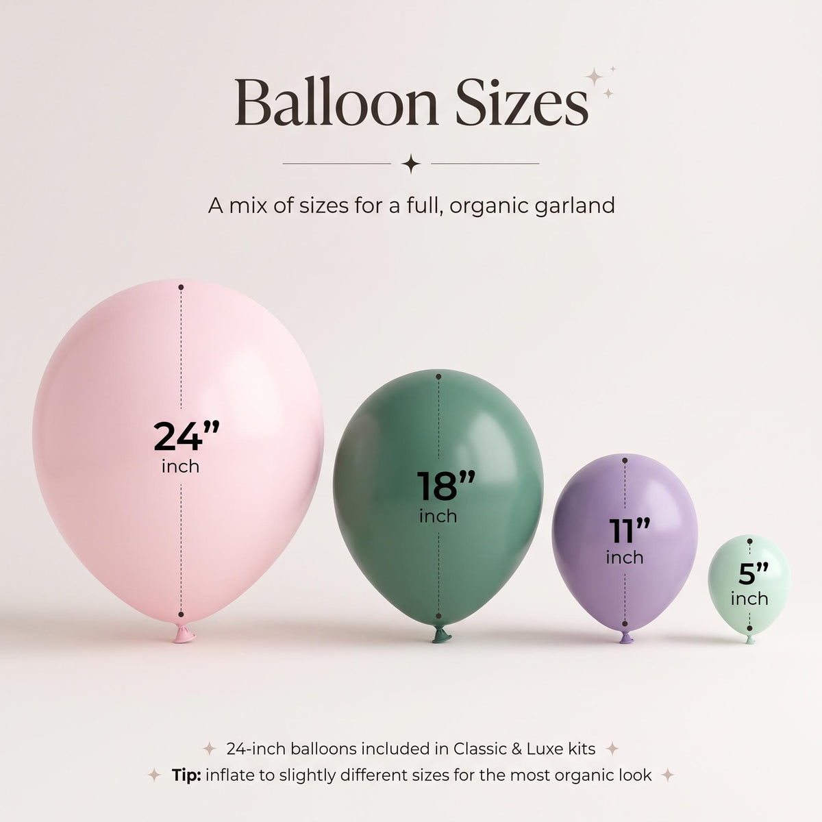 24, 18, 11 and 5 inch balloons in the Fairy First Birthday (Wildflower) kit colors