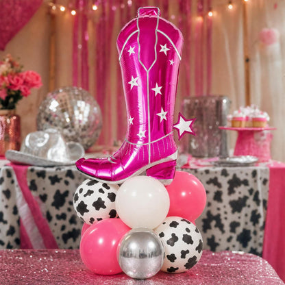 Disco Cowgirl (Last Rodeo) balloon tower: 8 latex balloons topped with a Pink Cowgirl Boot foil