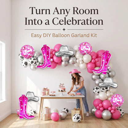 Disco Cowgirl (Last Rodeo) balloon garland party setup