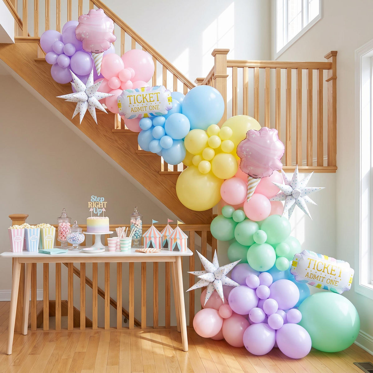 Pastel Circus balloon garland installed on a wall at home
