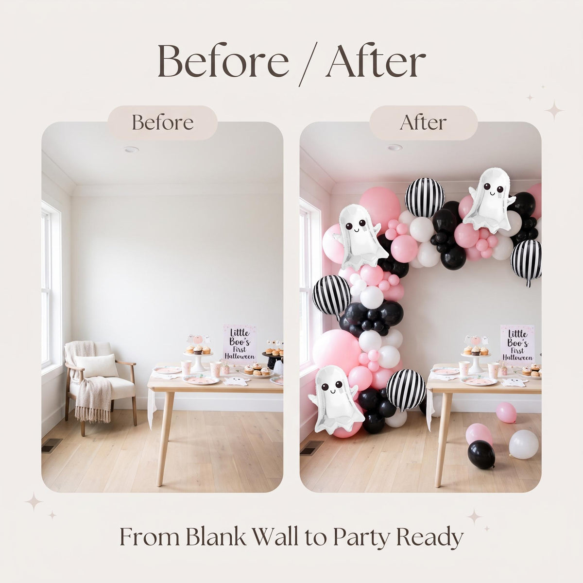 Before and after: a blank wall and the same wall with the Little Boo's First Halloween balloon garland
