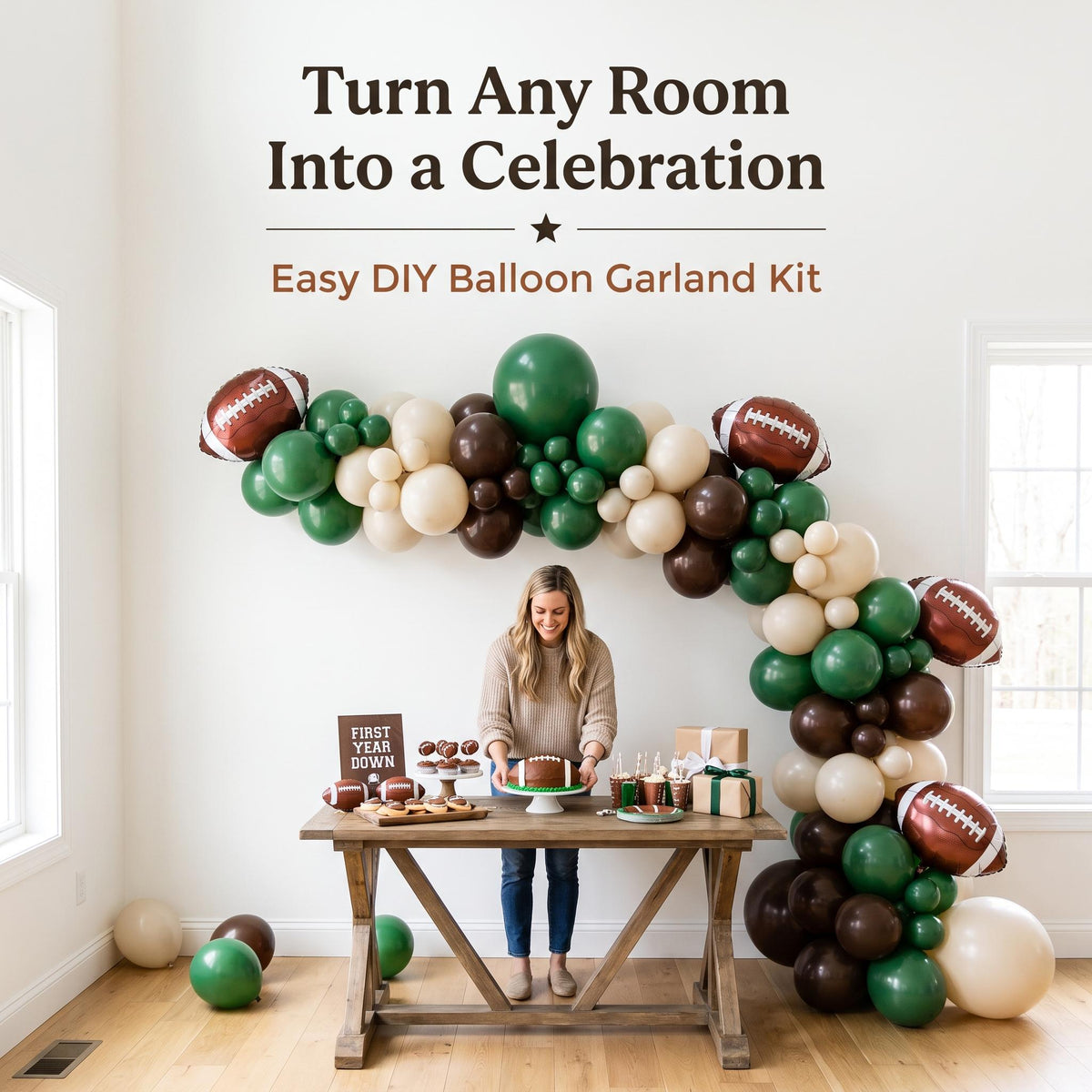 First Year Down balloon garland party setup