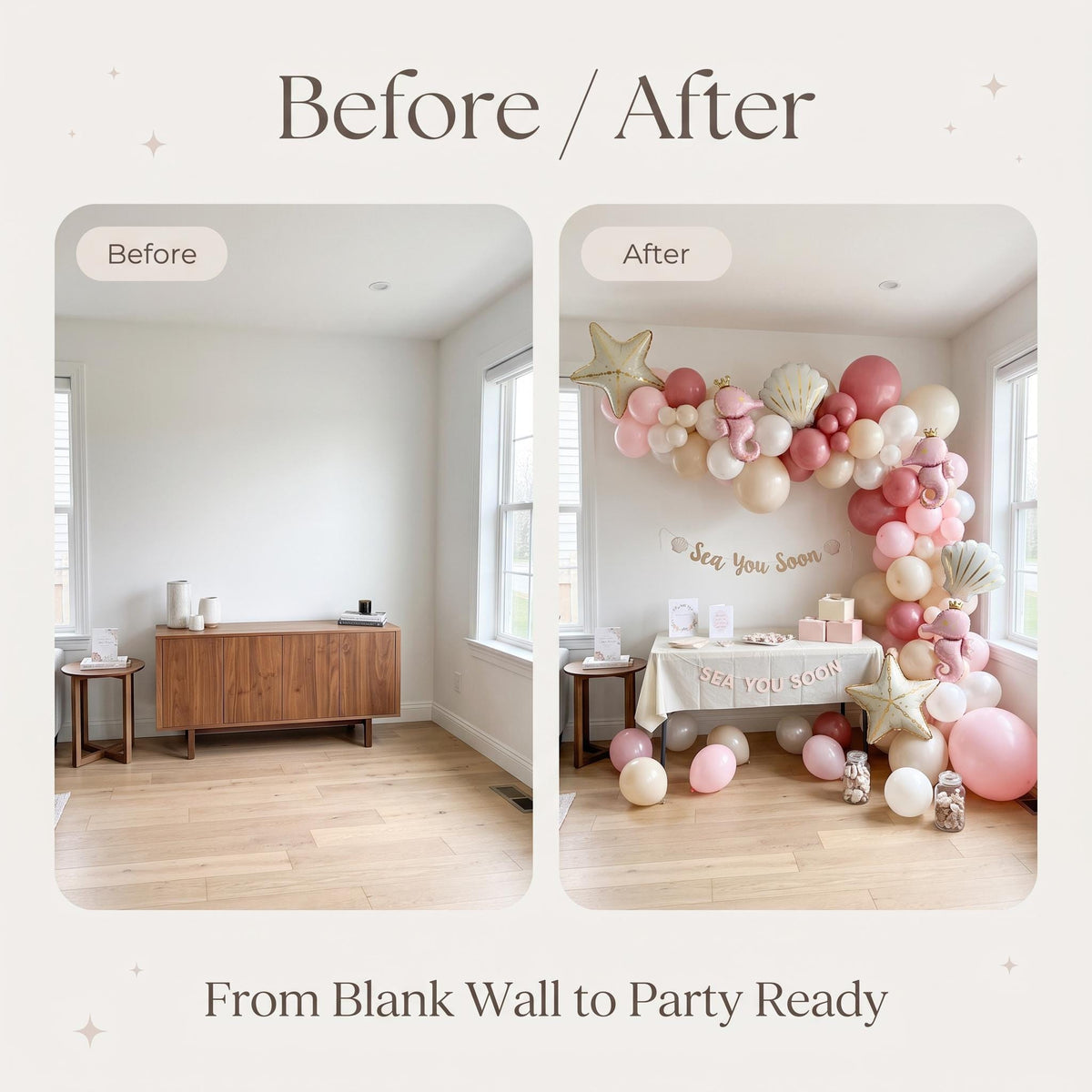 Before and after: a blank wall and the same wall with the Sea You Soon (Pink) balloon garland