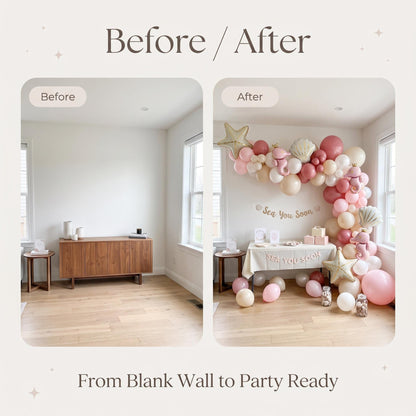 Before and after: a blank wall and the same wall with the Sea You Soon (Pink) balloon garland