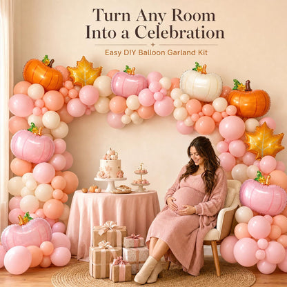 A Little Pumpkin Is On The Way balloon garland party setup