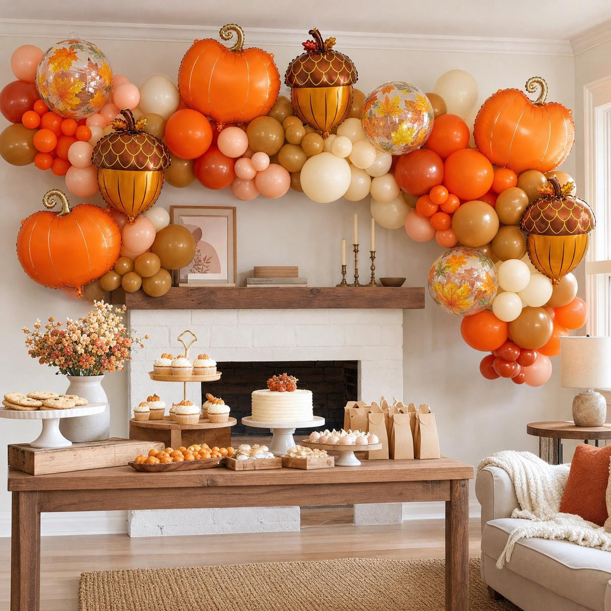 A Little Pumpkin On The Way balloon garland installed on a wall at home