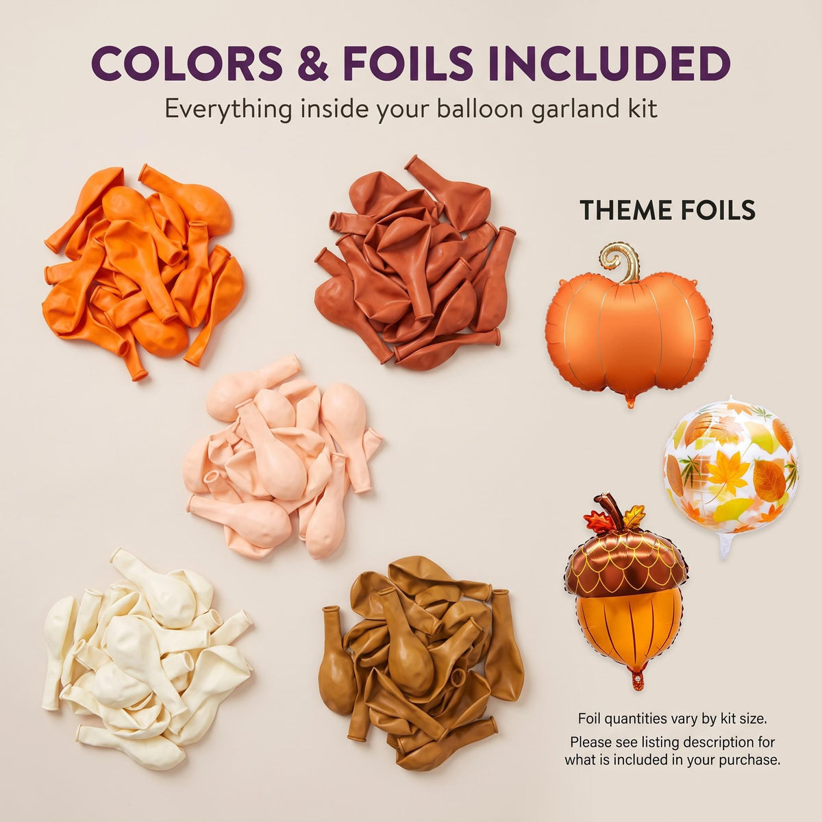 Latex colors and foil balloons included in the A Little Pumpkin On The Way balloon garland kit