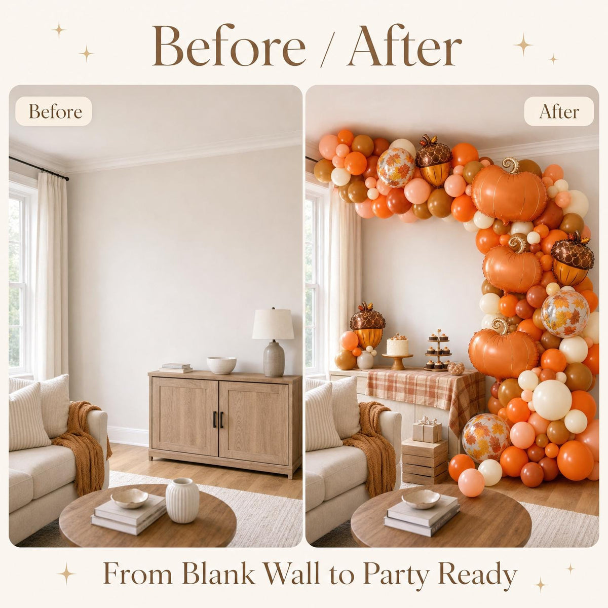 Before and after: a blank wall and the same wall with the A Little Pumpkin On The Way balloon garland