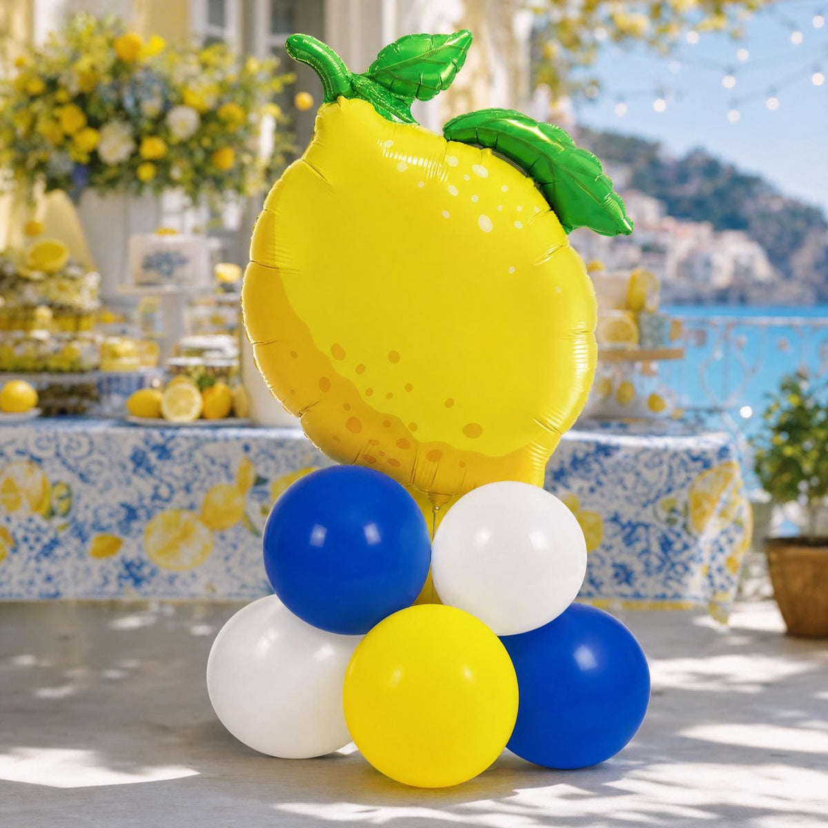 Amalfi Coast balloon tower: 8 latex balloons topped with a Lemon with Leaves foil