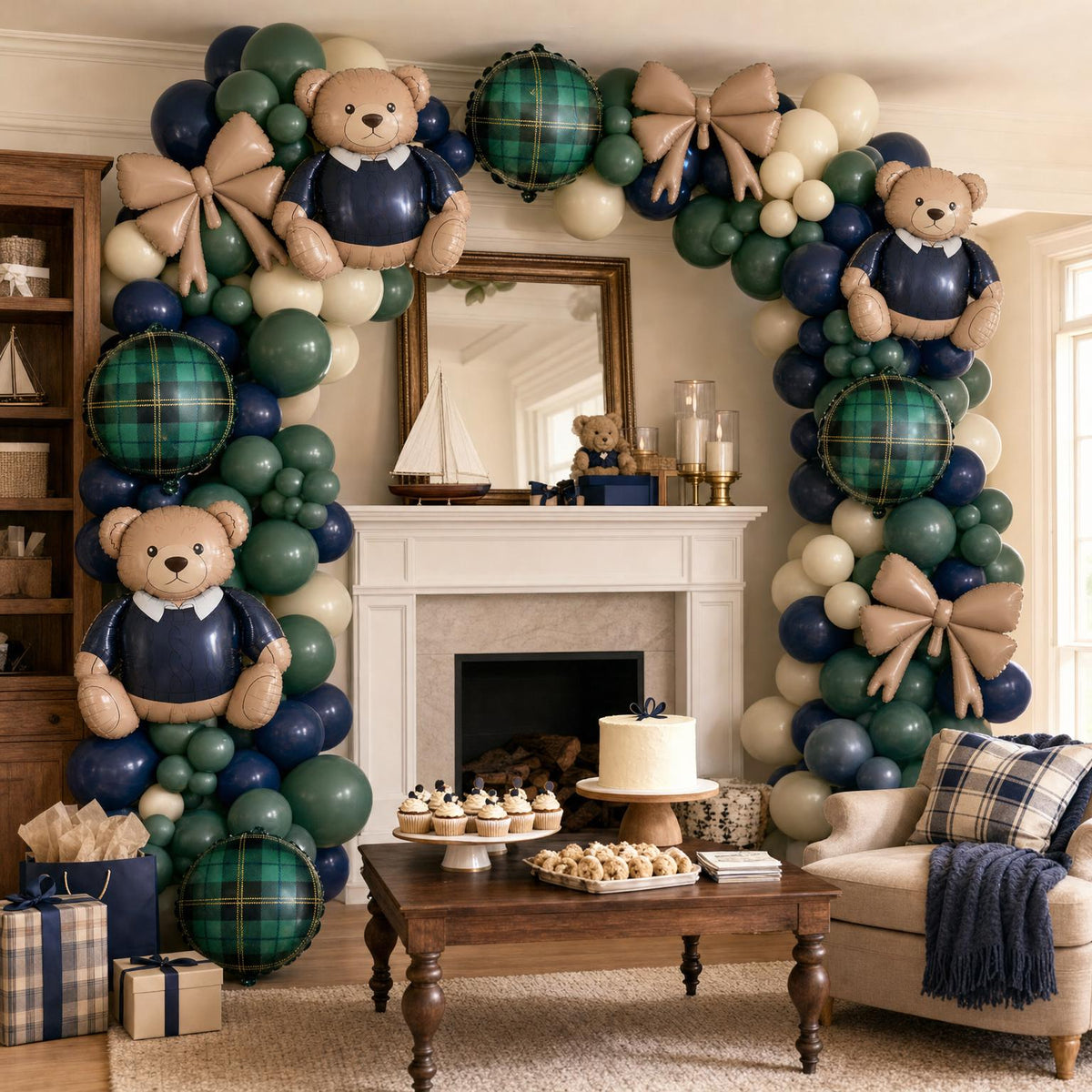 Preppy Teddy Bear balloon garland installed on a wall at home