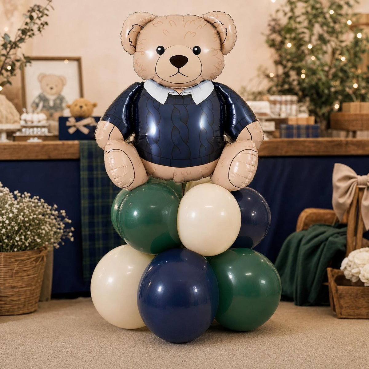 Preppy Teddy Bear balloon tower: 8 latex balloons topped with a Teddy Bear foil