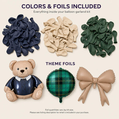 Latex colors and foil balloons included in the Preppy Teddy Bear balloon garland kit