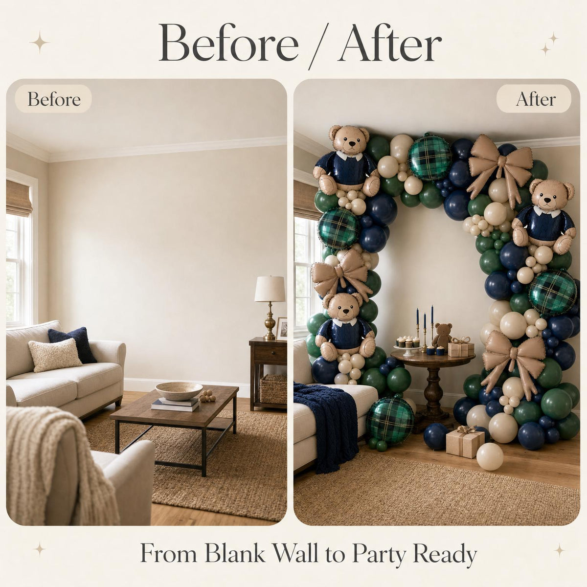 Before and after: a blank wall and the same wall with the Preppy Teddy Bear balloon garland