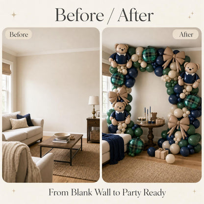 Before and after: a blank wall and the same wall with the Preppy Teddy Bear balloon garland